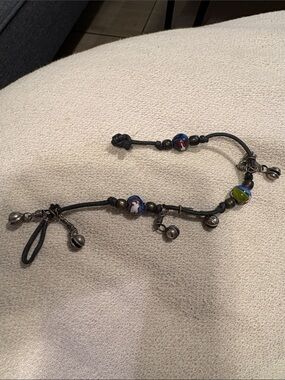 Boho Black Cord Anklet with Silver and Bead Charms